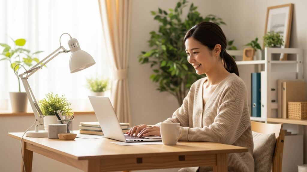 好きなことを仕事にし、朝の自宅オフィスで楽しそうに働く日本人女性のイメージ。自由で理想的な働き方を表現した写真。