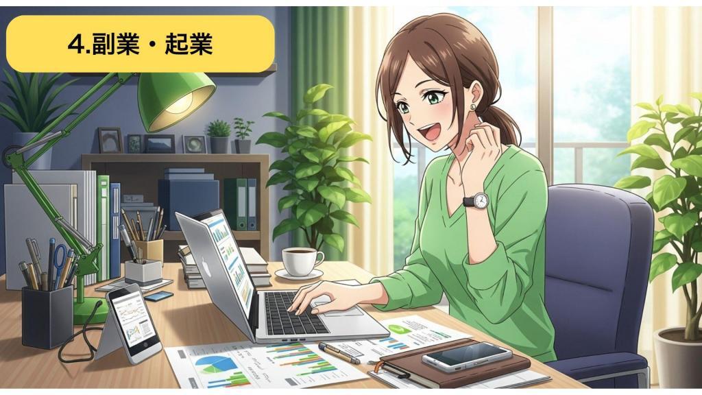 副業・起業でキャリアアップする看護師のイラスト - 独立して自分のビジネスを構築