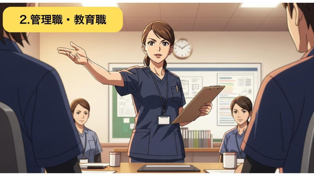 管理職・教育職への道を選んだ看護師のイラスト - チームリーダーと教育者