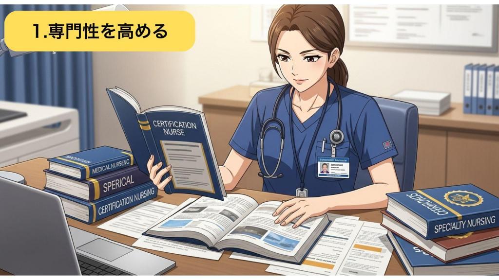専門性を高める道を選んだ看護師のイラスト - 認定資格取得に向けた学習