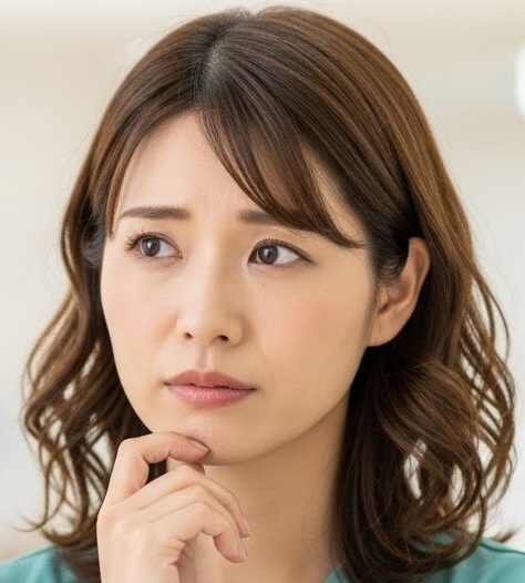 ISFP看護師が病院で物思いにふける様子。自分のペースで働きたいのに急かされる環境に戸惑う表情。ティールグリーンのスクラブ。