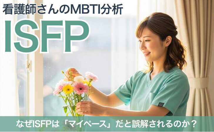 ISFP看護師が窓辺で花を飾り療養環境を整える様子。ティールグリーンのスクラブとウェーブヘアが特徴。自分のペースを大切にしながら個別ケアに取り組む穏やかな表情。